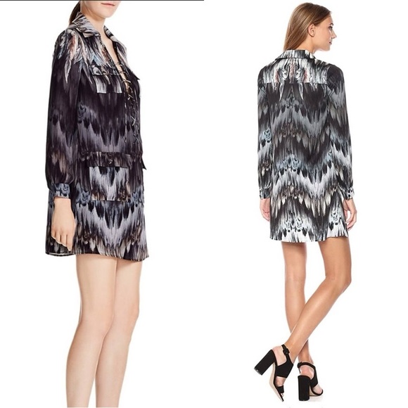 Haute Hippie Feather Print Lace Up Mini Dress 4 Boho Silky Designer Night Out - Picture 2 of 16